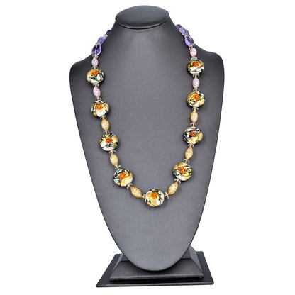 Italian Glass Floral Amethyst Necklace with Amethyst, Citrine and Ruby Gemstones and Sterling Silver Clasp  