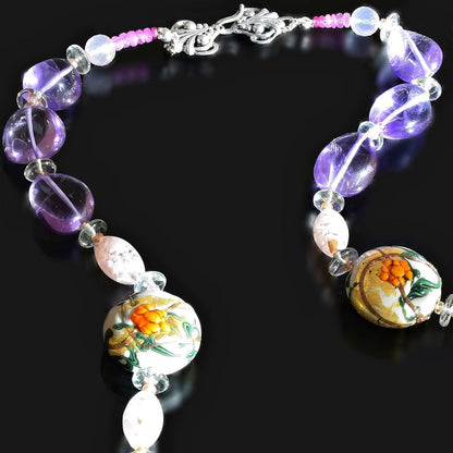 Italian Glass Floral Amethyst Necklace with Amethyst, Citrine and Ruby Gemstones and Sterling Silver Clasp  