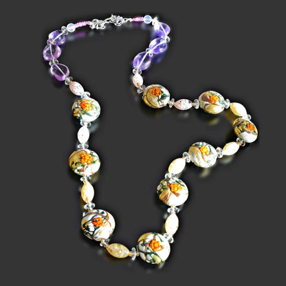 Italian Glass Floral Amethyst Necklace with Amethyst, Citrine and Ruby Gemstones and Sterling Silver Clasp  