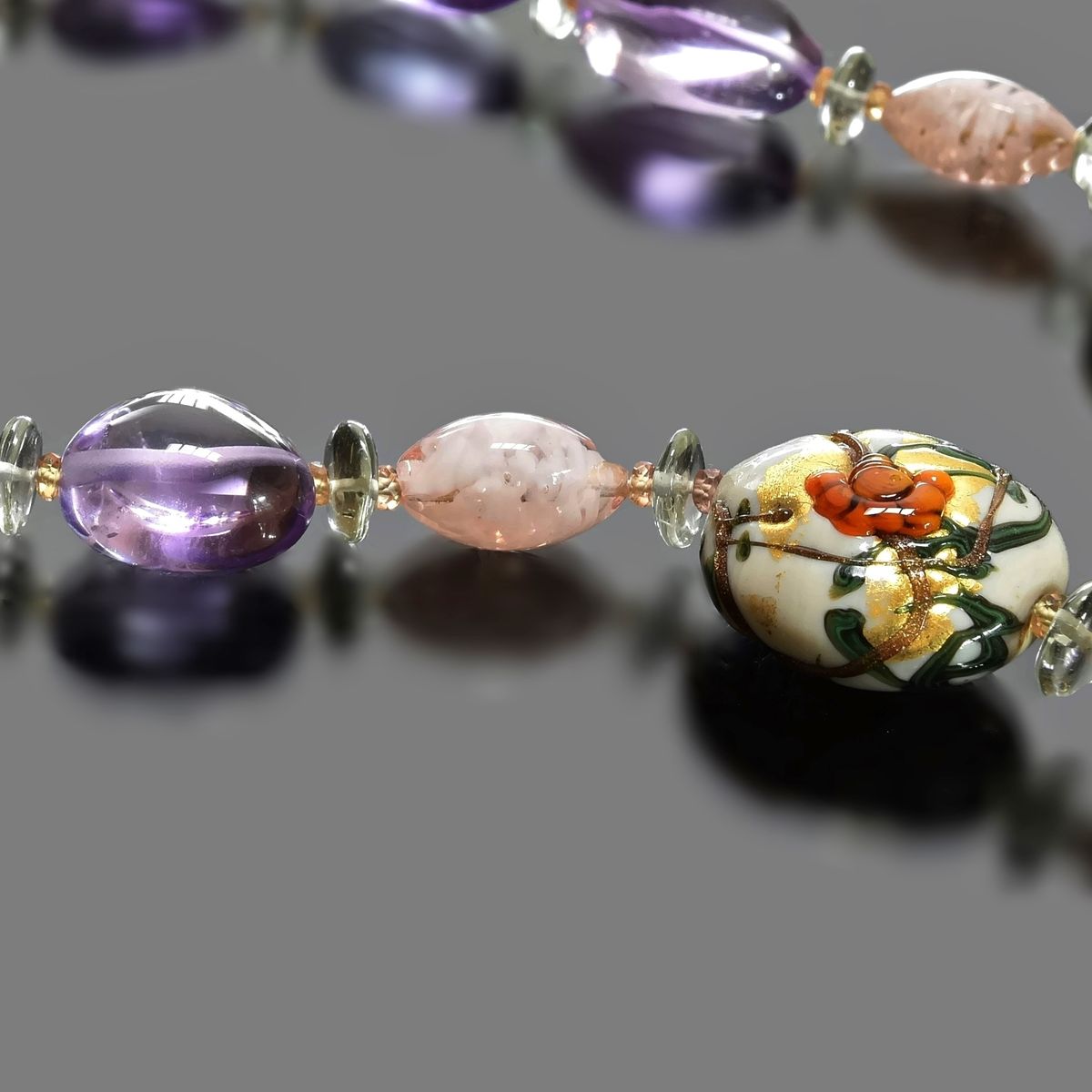 Italian Glass Floral Amethyst Necklace with Amethyst, Citrine and Ruby Gemstones and Sterling Silver Clasp  