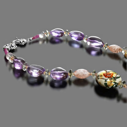 Italian Glass Floral Amethyst Necklace with Amethyst, Citrine and Ruby Gemstones and Sterling Silver Clasp  