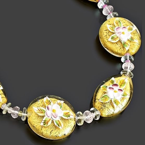 Gold Floral Coin Necklace with Green Amethyst, Rose Quartz and Tourmaline and Sterling Silver Clasp  