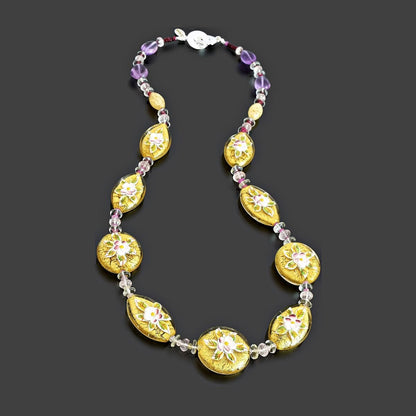 Gold Floral Coin Necklace with Green Amethyst, Rose Quartz and Tourmaline and Sterling Silver Clasp  