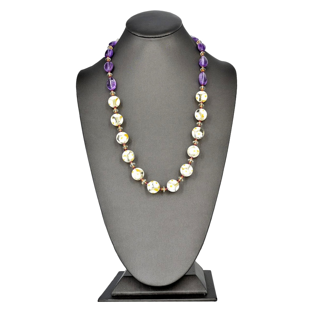 White Floral Beaded Amethyst Murano Glass Necklace With Citrine, Garnet & Green Amethyst - Sterling Silver Clasp  