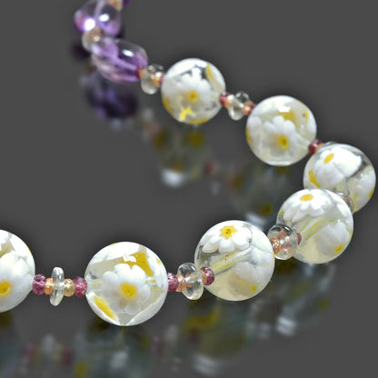 White Floral Beaded Amethyst Murano Glass Necklace With Citrine, Garnet & Green Amethyst - Sterling Silver Clasp  