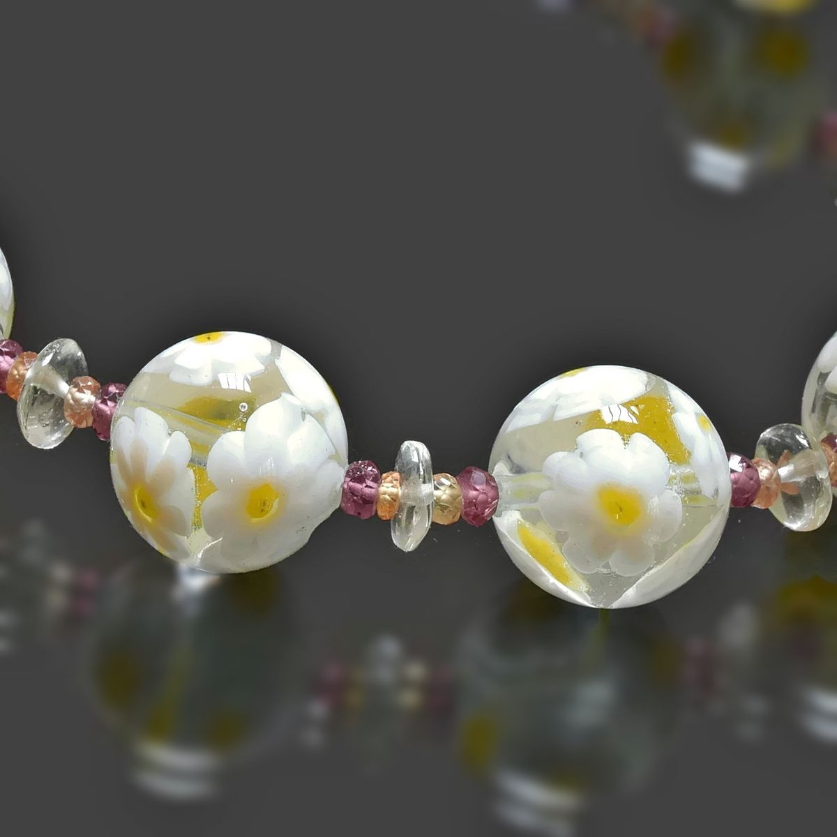 White Floral Beaded Amethyst Murano Glass Necklace With Citrine, Garnet & Green Amethyst - Sterling Silver Clasp  