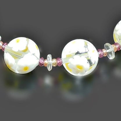 White Floral Beaded Amethyst Murano Glass Necklace With Citrine, Garnet & Green Amethyst - Sterling Silver Clasp  