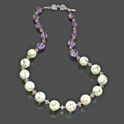 White Floral Beaded Amethyst Murano Glass Necklace With Citrine, Garnet & Green Amethyst - Sterling Silver Clasp  