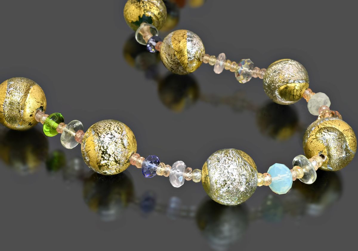 Dichroic Gold Murano Glass Necklace with Citrine, Green Amethyst Gemstones  