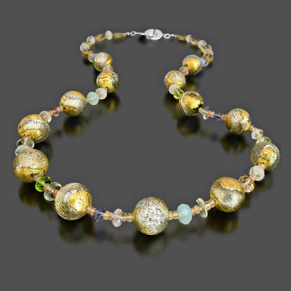 Dichroic Gold Murano Glass Necklace with Citrine, Green Amethyst Gemstones  