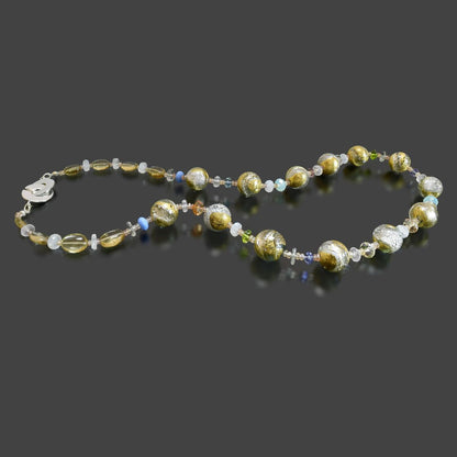 Dichroic Gold Murano Glass Necklace with Citrine, Green Amethyst Gemstones  