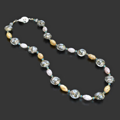 Grey and Gold Murano Glass Necklace with Citrine and Apatite  