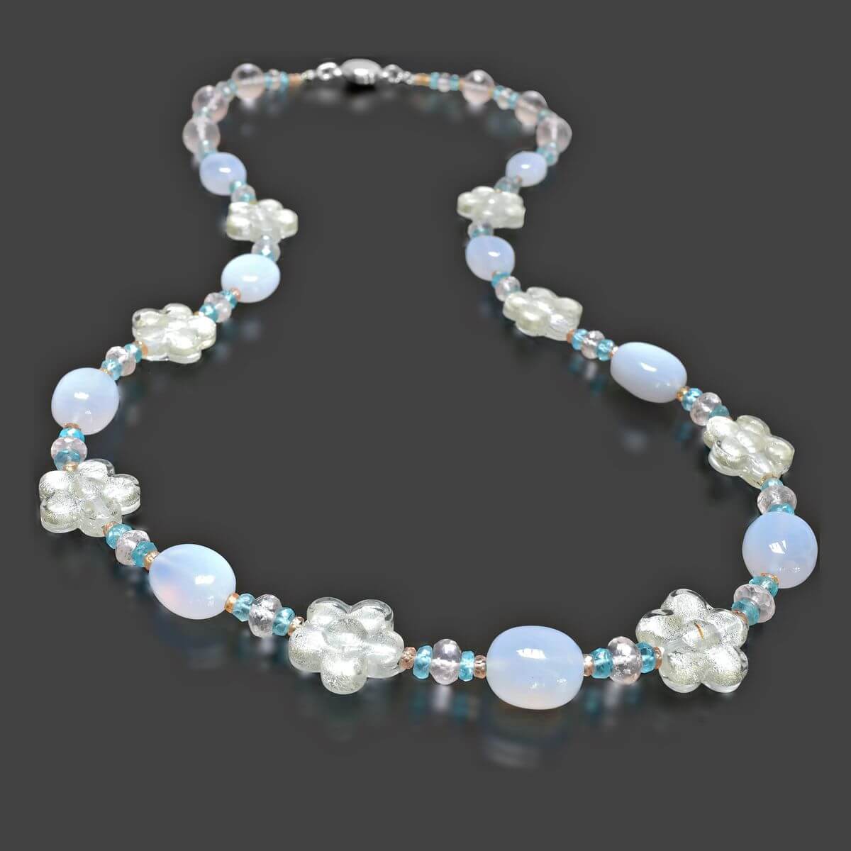 Floral Aqua Calcedony Murano Glass Necklace with Rose Quartz, Citrine & Apatite Gemstone Beads  