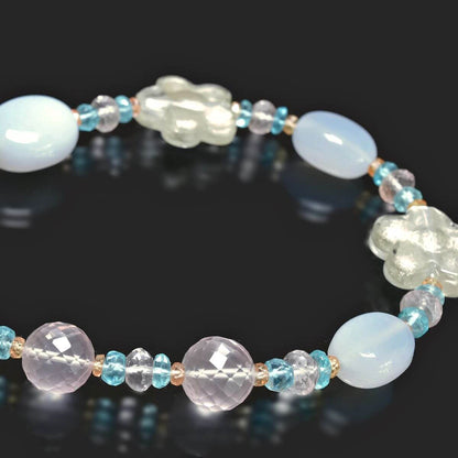 Floral Aqua Calcedony Murano Glass Necklace with Rose Quartz, Citrine & Apatite Gemstone Beads  