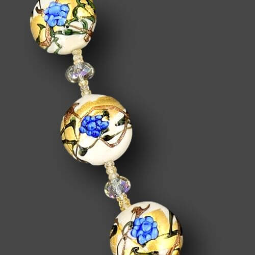 Blue Floral Gold Foil Italian Bead Necklace with Citrine and Austrian Crystals  