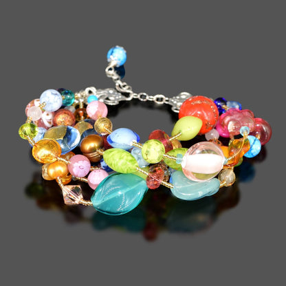 Multi-Strand Blue and Gold Italian Glass Bead Bracelet with Rose Quatrz, Citrine and Apatite and Sterling Silver Clasp  