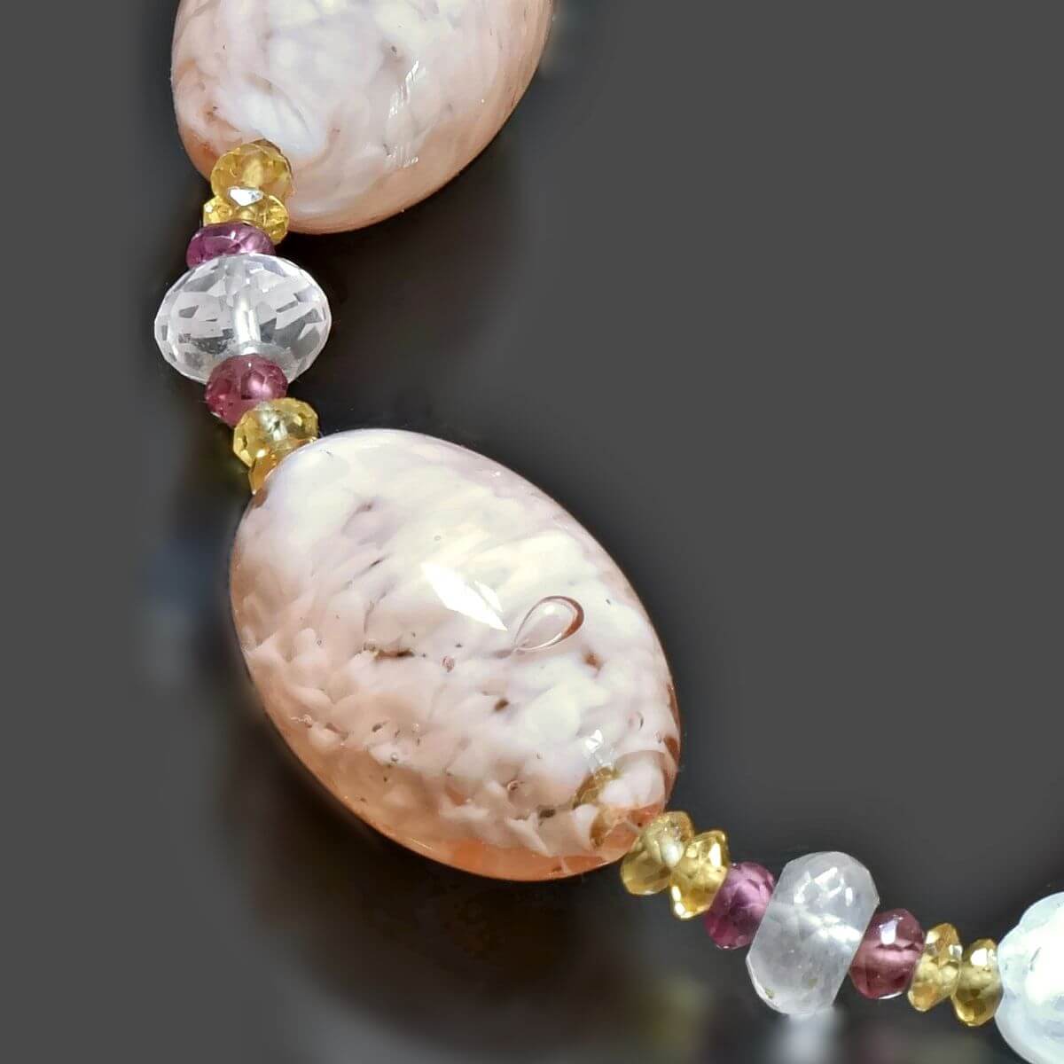 Pink Oval Italian Beaded Murano Necklace with Citrine, Rose Quartz and Garnet Gemstone Beads  