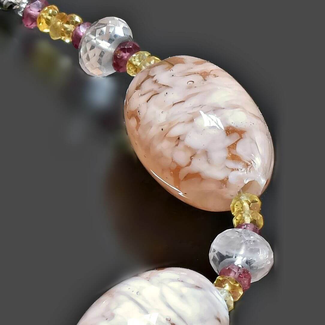 Pink Oval Italian Beaded Murano Necklace with Citrine, Rose Quartz and Garnet Gemstone Beads  