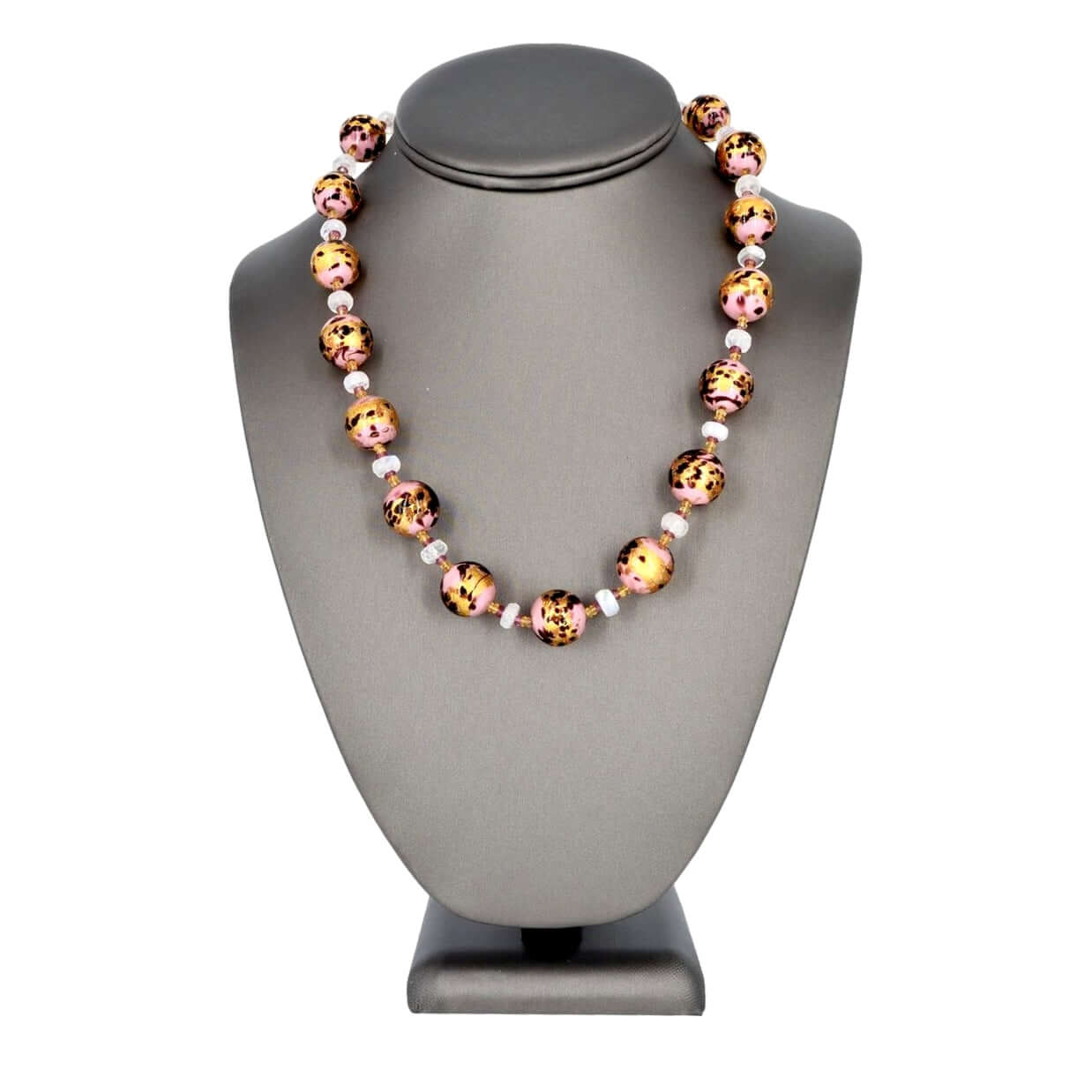 Pink Leopard Spot Italian Bead Necklace with Citrine, Garnet and Moonstone Beads - Sterling Silver Clasp  