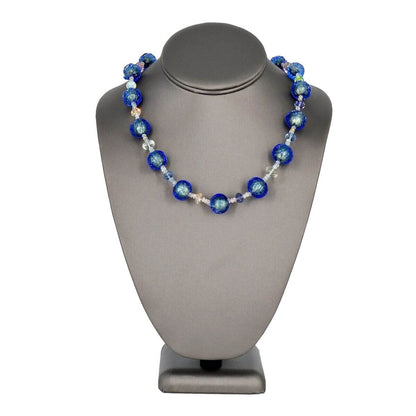 Glacier Blue Italian Bead Necklace with Austrian Crystals and Graduating Aquamarine with Sterling Silver Clasp  