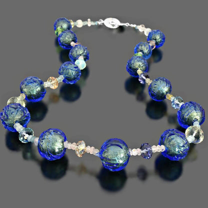 Glacier Blue Italian Bead Necklace with Austrian Crystals and Graduating Aquamarine with Sterling Silver Clasp  