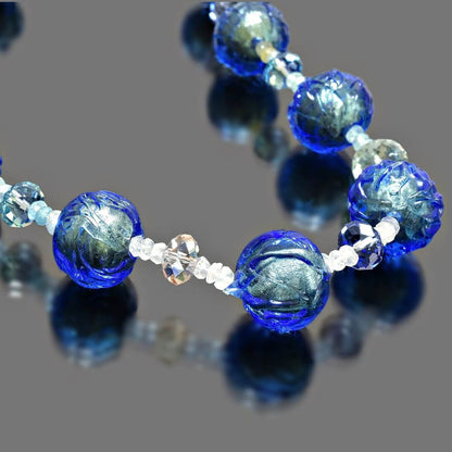 Glacier Blue Italian Bead Necklace with Austrian Crystals and Graduating Aquamarine with Sterling Silver Clasp  