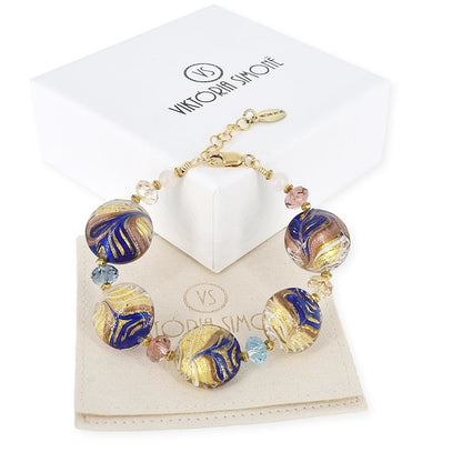 Blue and Gold Italian Murano Glass Bead Statement Bracelet  