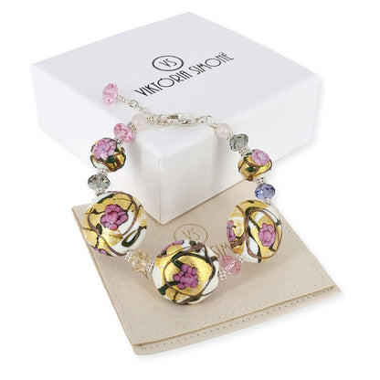 Large Pink Floral Italian Bead Bracelet with Austrian Crystals and Sterling Silver Clasp  