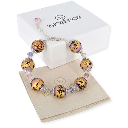 Pink Leopard Dot Round Italian Bead Bracelet with Austrian Crystals and Silver Clasp and Spacer Beads  