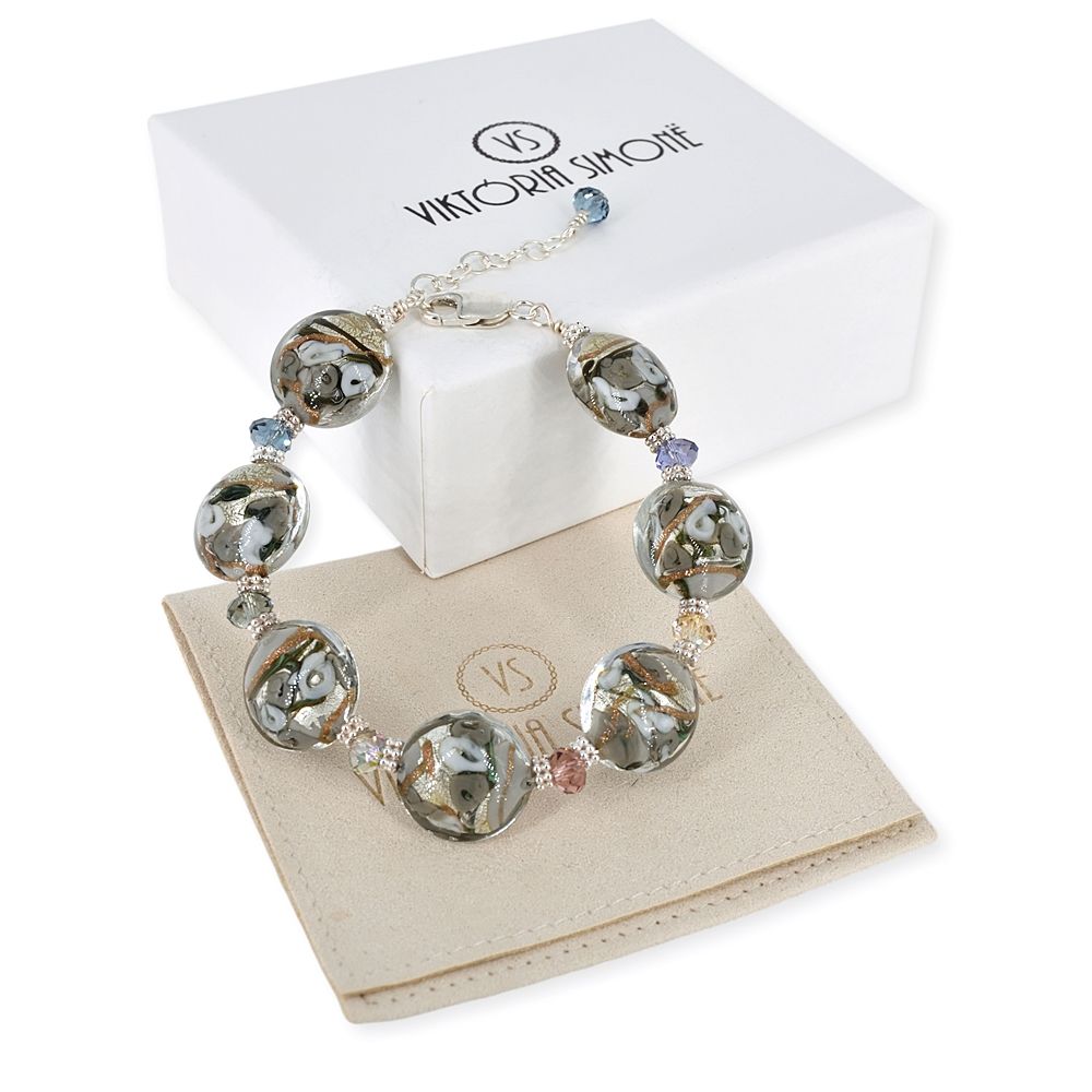 Gray Floral Bead Bracelet with Austrian Crystals and Sterling Silver Clasp  