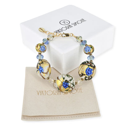 Bold Blue Floral Italian Beaded Bracelet with Austrian Crystals and Gold-Filled Clasp  