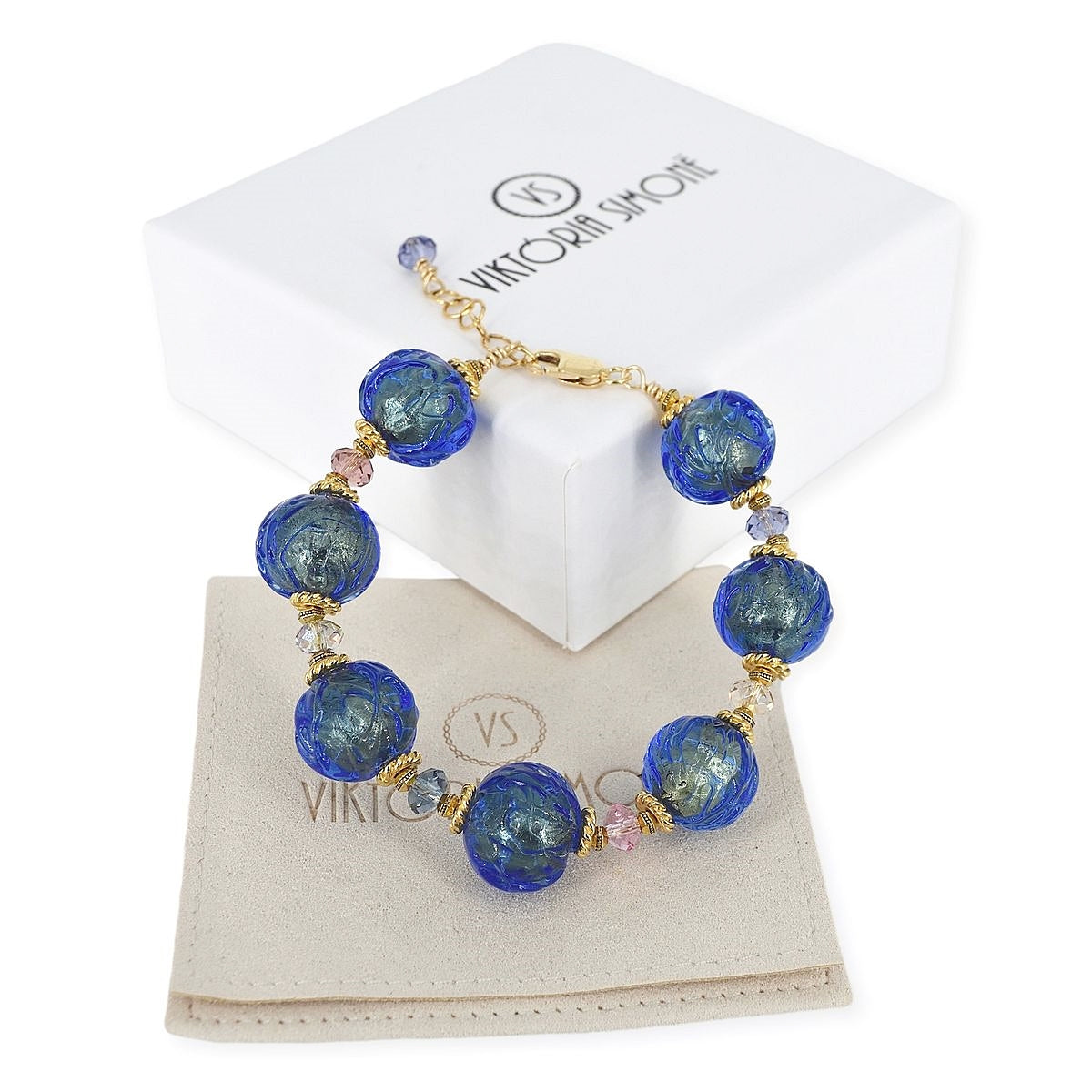 Blue Glacier Venetian Bead Bracelet with Gold Foil, Austrian Crystals and Gold-Filled Clasp  