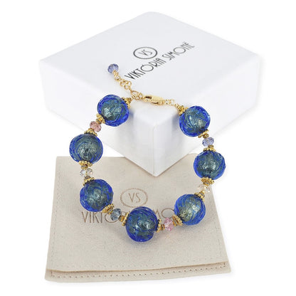 Blue Glacier Venetian Bead Bracelet with Gold Foil, Austrian Crystals and Gold-Filled Clasp  