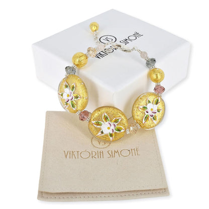 Gold Floral Murano Glass Bracelet with Austrian Crystals and Sterling Silver Clasp  