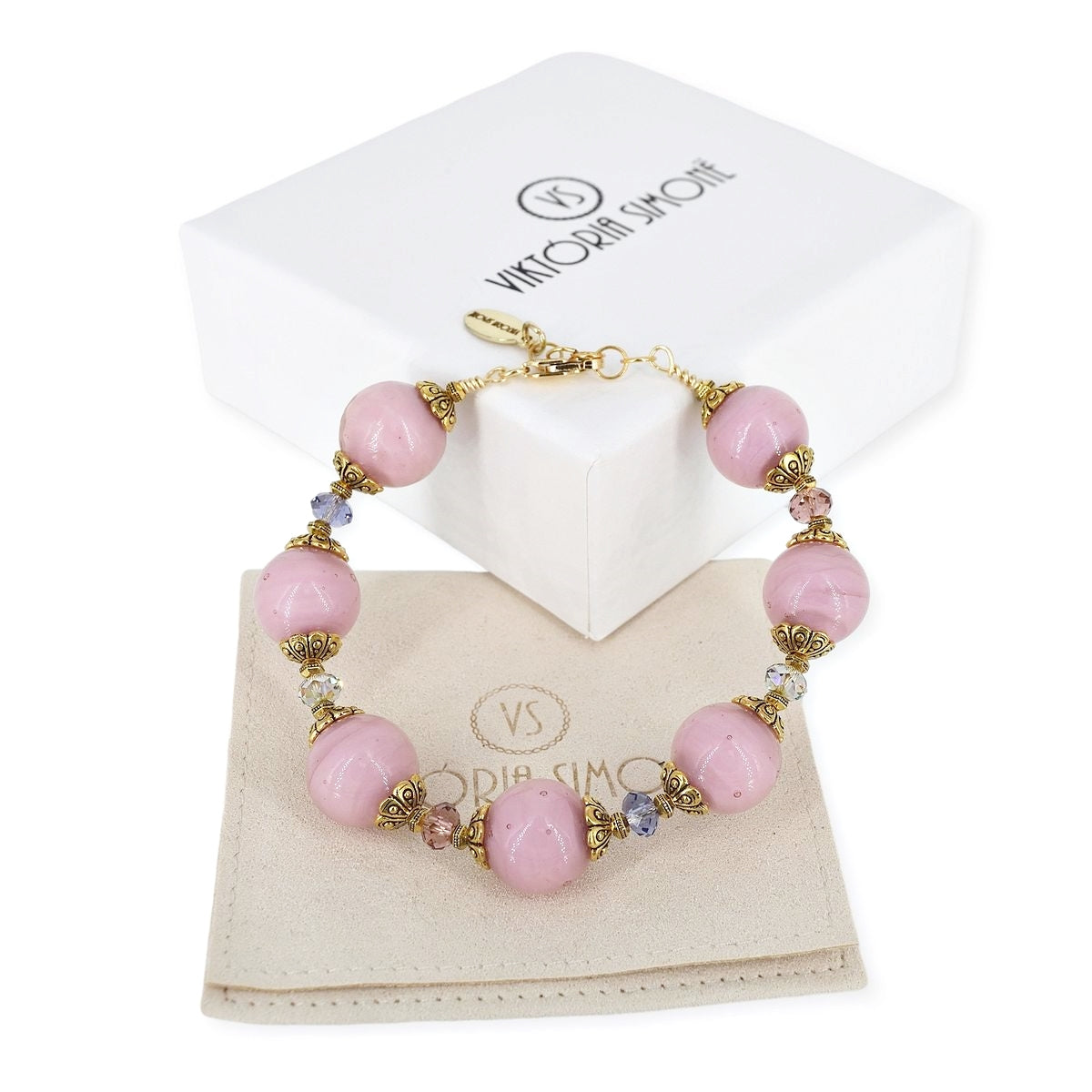 Pink Round Italian Bead Bracelet with Austrian Crystals and Gold-Filled Clasp  