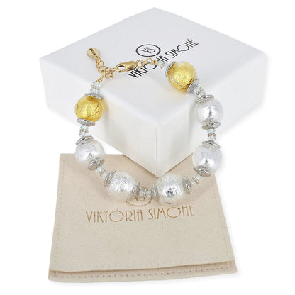 Silver and Gold Foil Italian Bead Cuff Ball Bracelet with Gold-Filled Clasp  