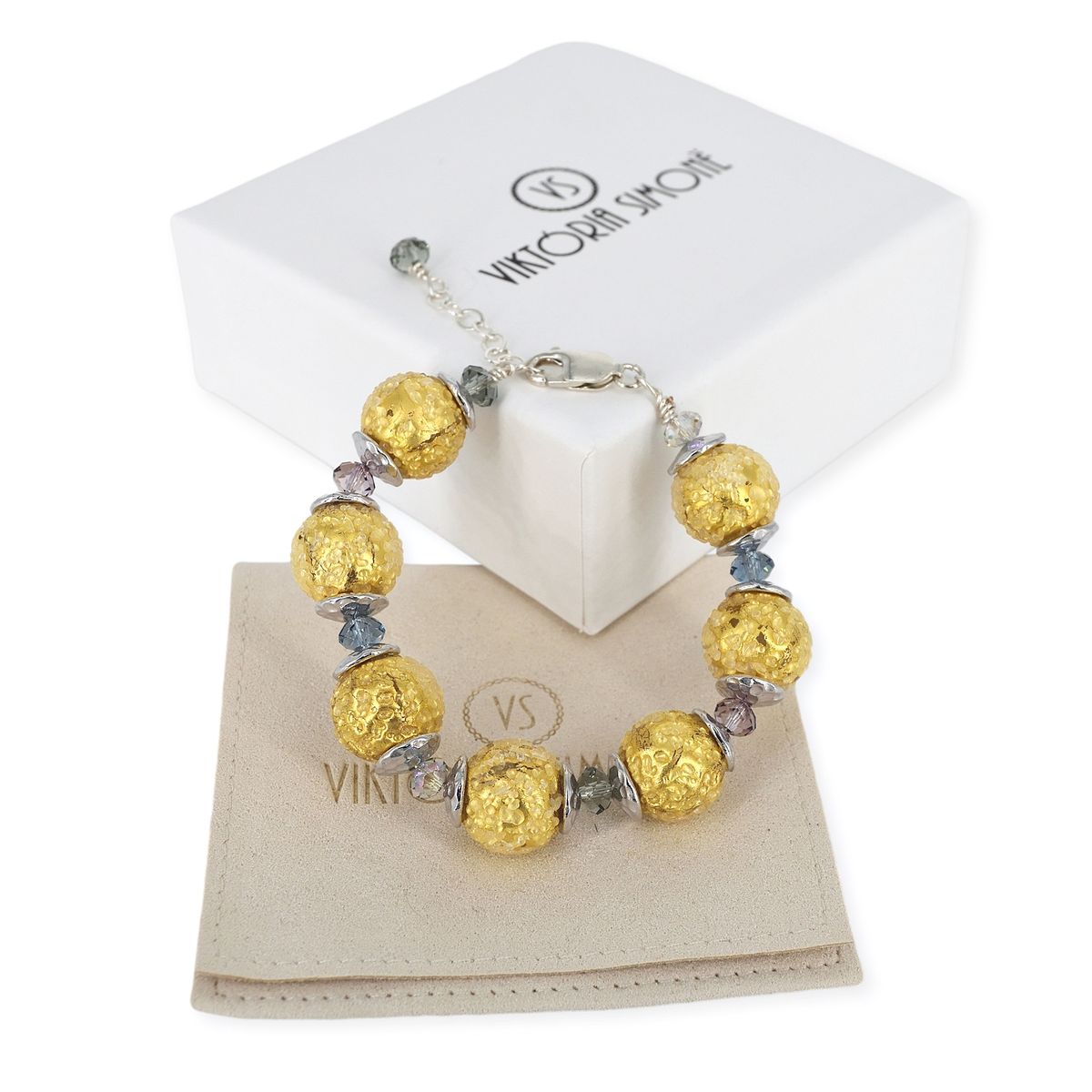 Gold Glacier Italian Murano Glass Bracelet with Austrian Crystal and Silver Clasp  