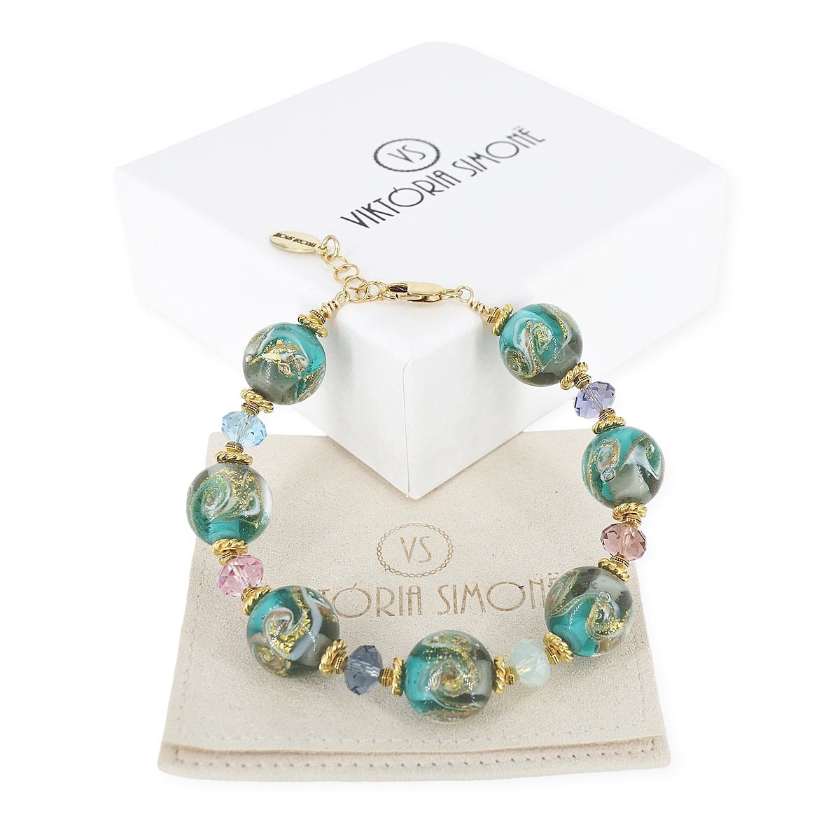 Sea Green Italian Bead Cuff Bracelet with Austrian Crystals and Gold-Filled Clasp  