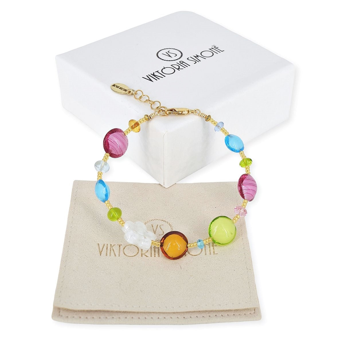 Multi-Color Italian Bead Bracelet with Austrian Crystals and Gold-Filled Clasp  