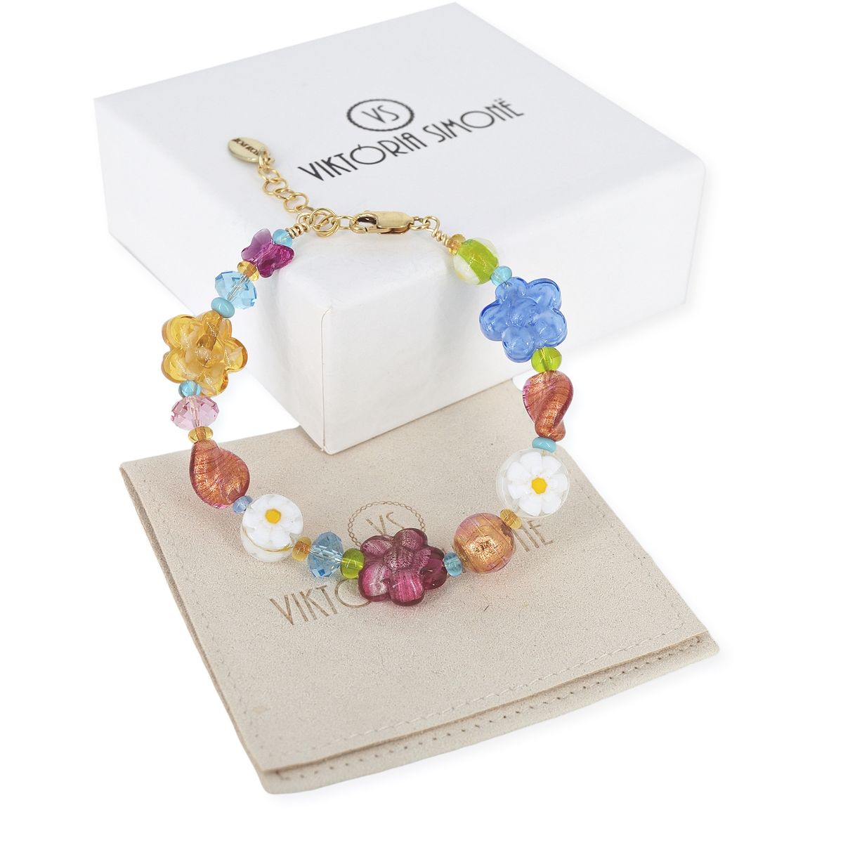 Italian Multi-Color Floral Bead Bracelet with Gold-Filled Clasp  