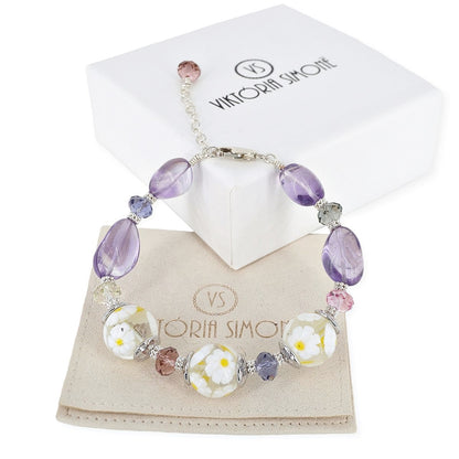 White Daisy Millefiori Italian Bead Bracelet with Large Amethyst Beads and Austrian Crystals  