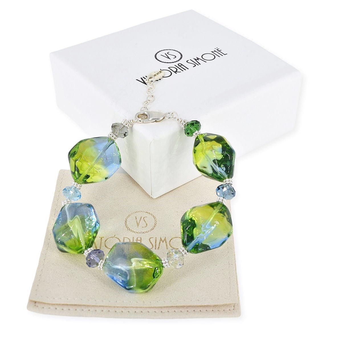 Bi-Color Blue and Green Italian Chunky Bracelet with Austian Crystals  