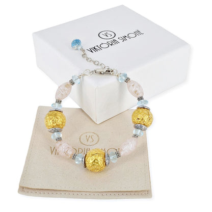 Gold, Pink and Blue Glacier Italian Bead Bracelet with Sterling Silver Clasp  