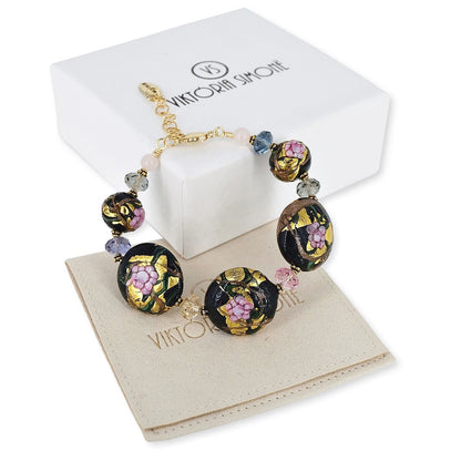 Large Hand-Painted Floral Italian Statement Bead Bracelet  