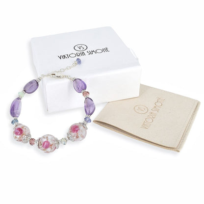 Pink Floral Italian Glass Bead Bracelet with Large Amethyst, Austrian Crystals  