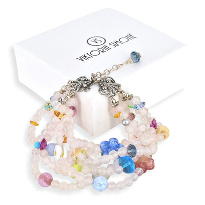 Multi-Strand Rose Quartz Bracelet with Italian Glass Beads, Austrian Crystals and a Sterling Silver Clasp  