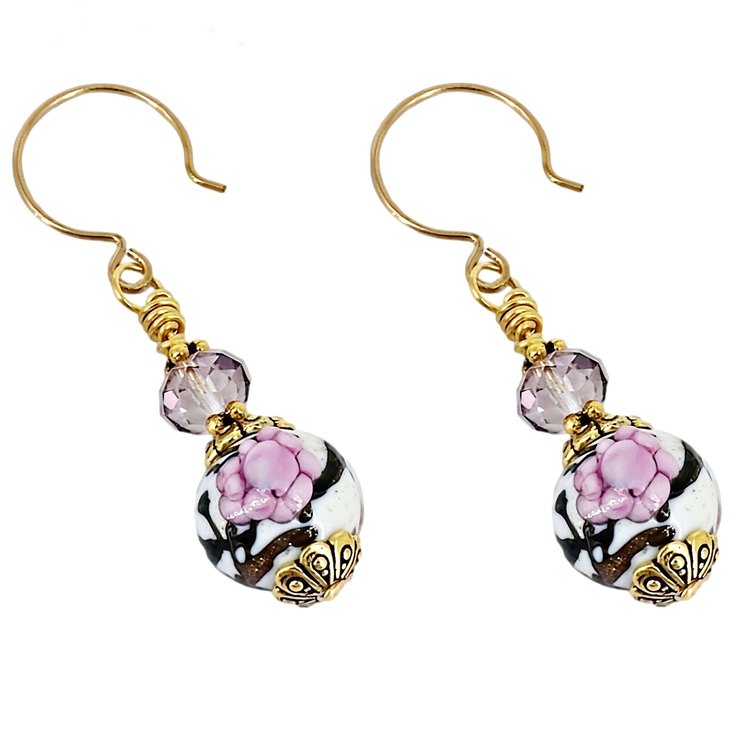 Pink Floral Round Bead Murano Glass Dangle Earrings with Austrian Crystal on Gold-Filled Earring Wires  