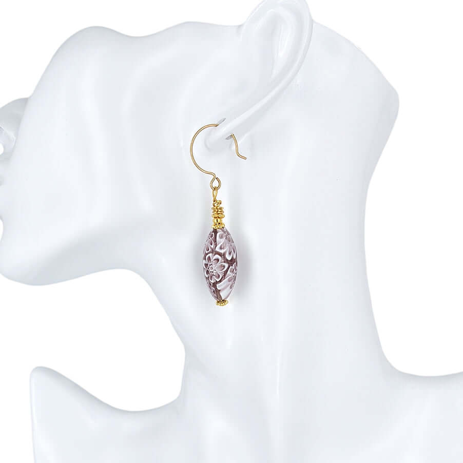 Oval Purple Floral Murano Glass Earrings on Gold Filled Earring Wires  