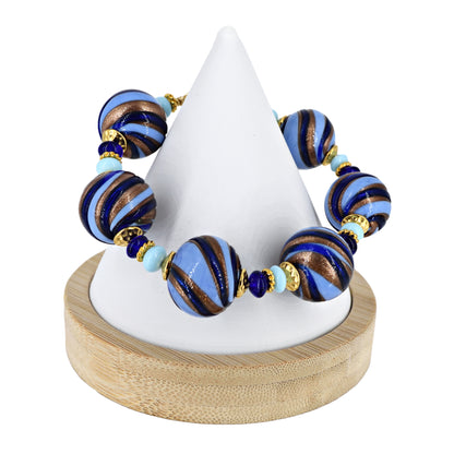 Blue Stripe Murano Glass Bead Bracelet with Gold Filled Clasp  