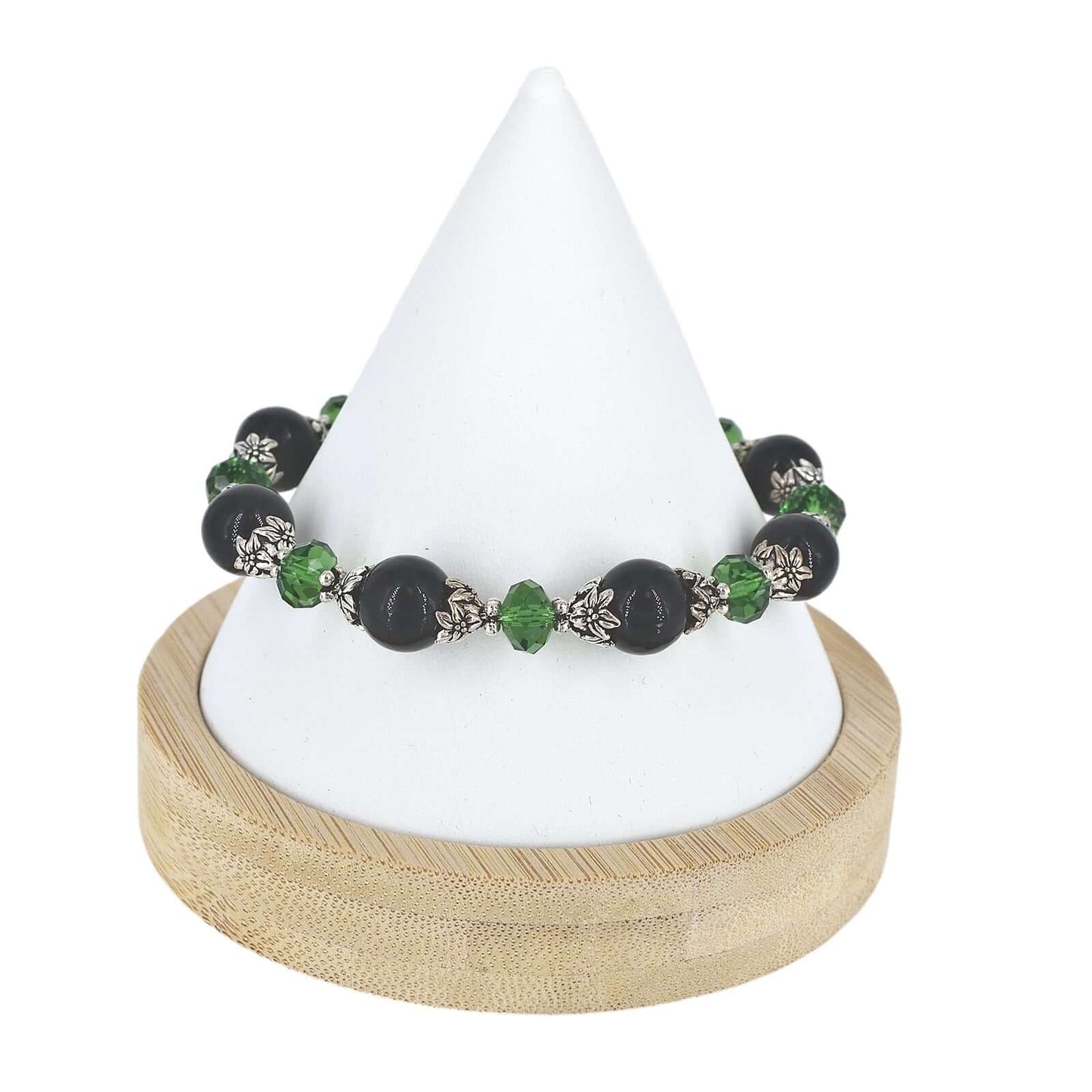 Italian Black & Green Murano Glass & Crystal Bead Bracelet  